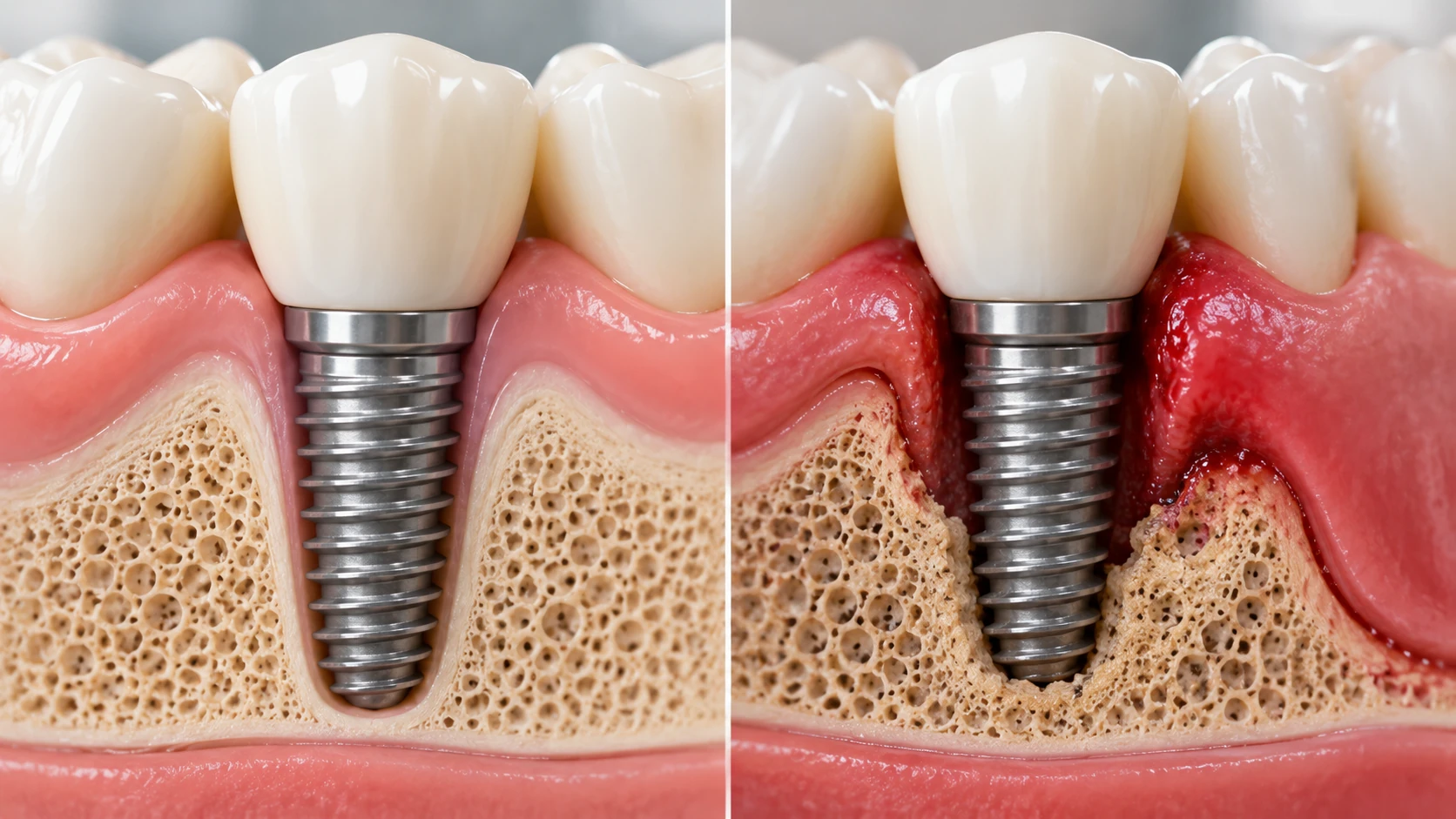 Clinical cutaway comparing a healthy dental implant with an implant affected by inflamed tissue and supporting-bone loss.