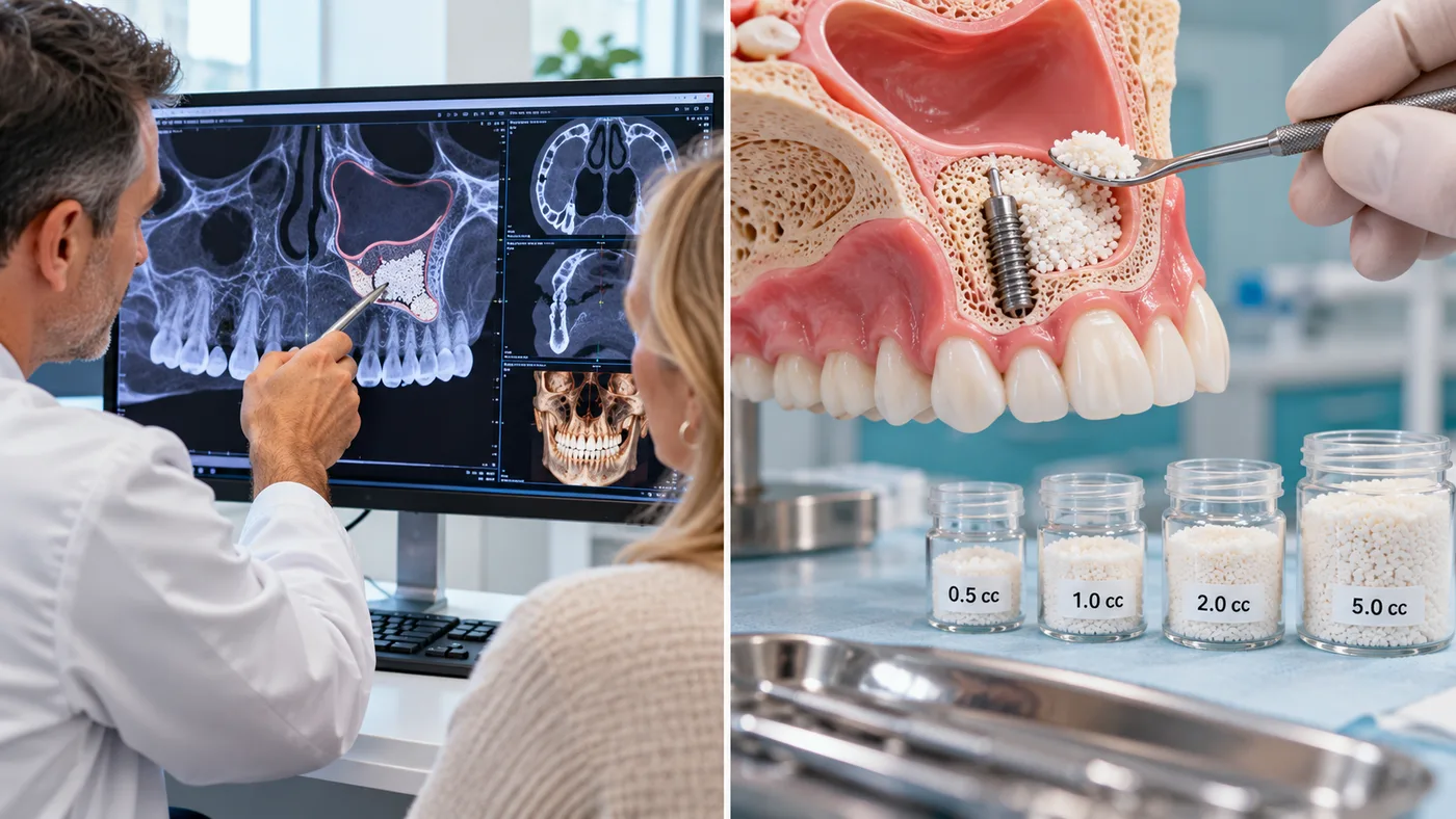 Left: a dentist and patient reviewing a CBCT scan of the upper jaw. Right: a model of the upper jaw showing bone graft material placed in the sinus area around an implant, beside sample jars labelled 0.5, 1.0, 2.0 and 5.0 cc.