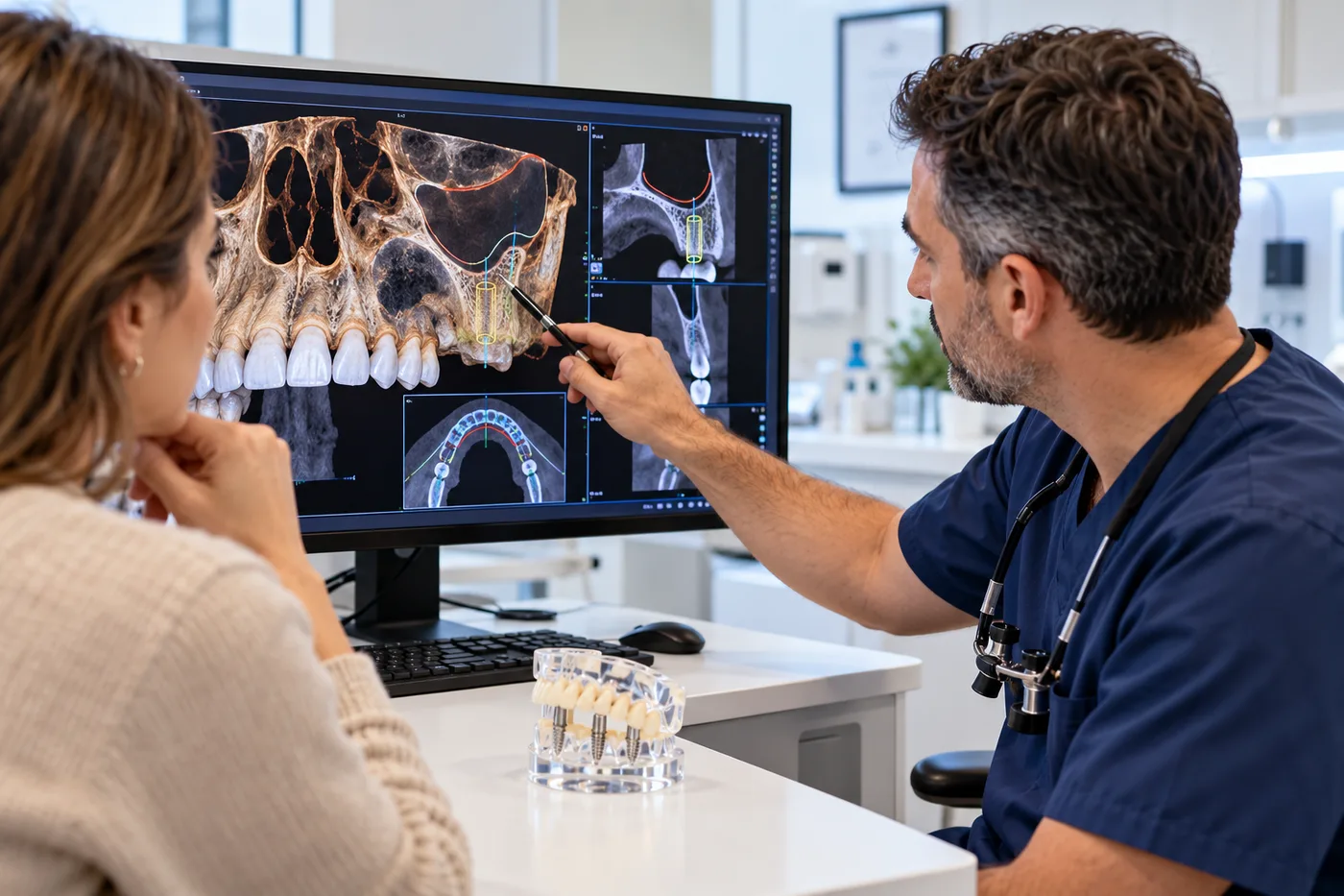 A dentist showing a patient a 3D CBCT scan of the upper jaw on a monitor, with a dental implant model on the desk.