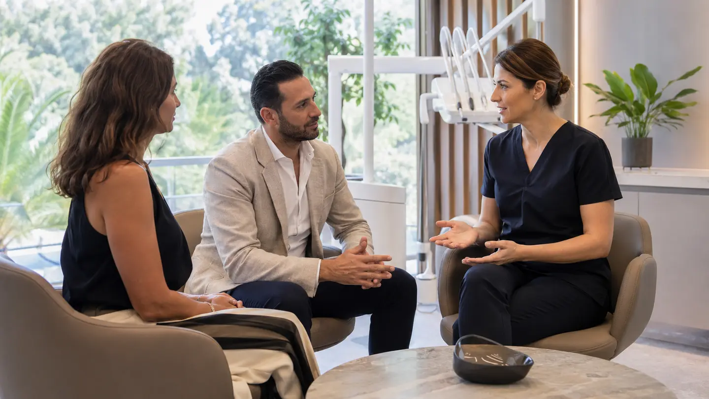 A dentist leading a consultation with a patient and coordinator