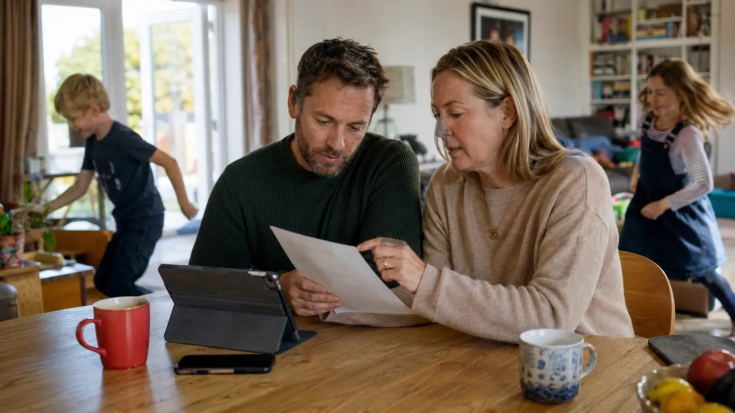 Two adults reading terms at a busy family kitchen table while children play