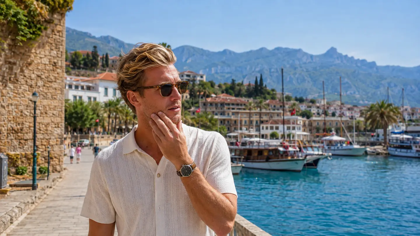 A man pauses thoughtfully beside Antalya Old Harbour with boats and mountains behind him
