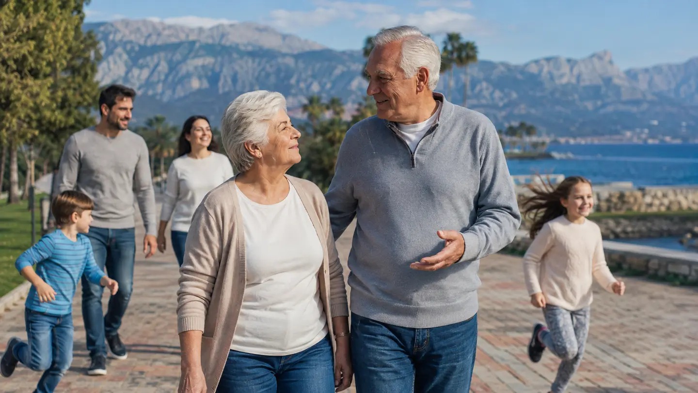 An older couple walking with family beside the Antalya waterfront while children run nearby