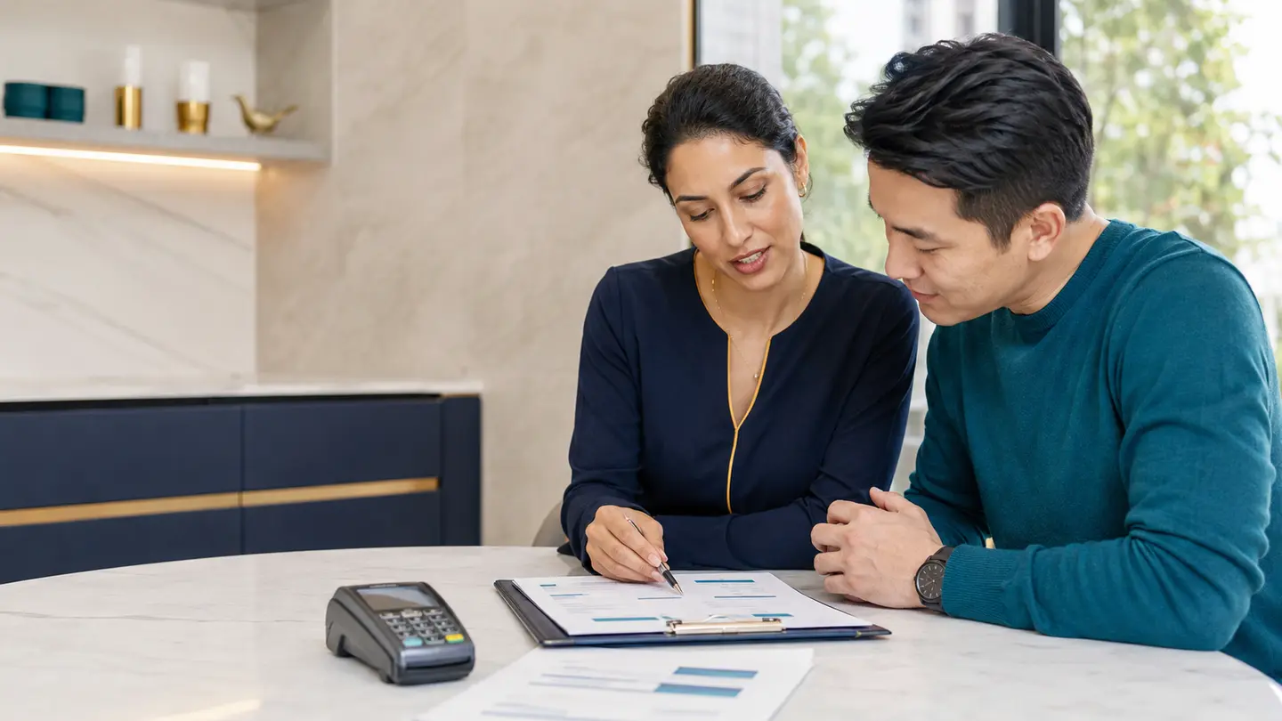Patient reviewing a written treatment plan and quotation before agreeing to pay a clinic
