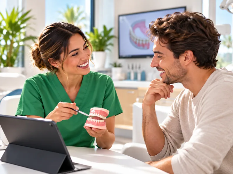 Friendly dental consultation in a bright modern clinic.